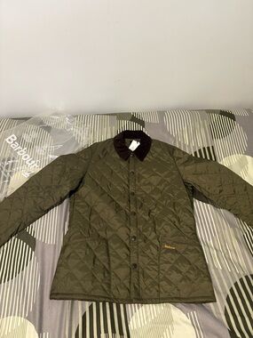 Barbour Olive Quilted Jacket with Dark Brown Corduroy Collar